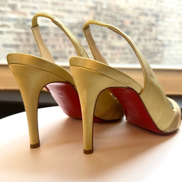 🌺CHRISTIAN LOUBOUTIN 🌺 Yellow Satin Glitter Accents Slingback pumps size: 37 - Picture 12 of 17